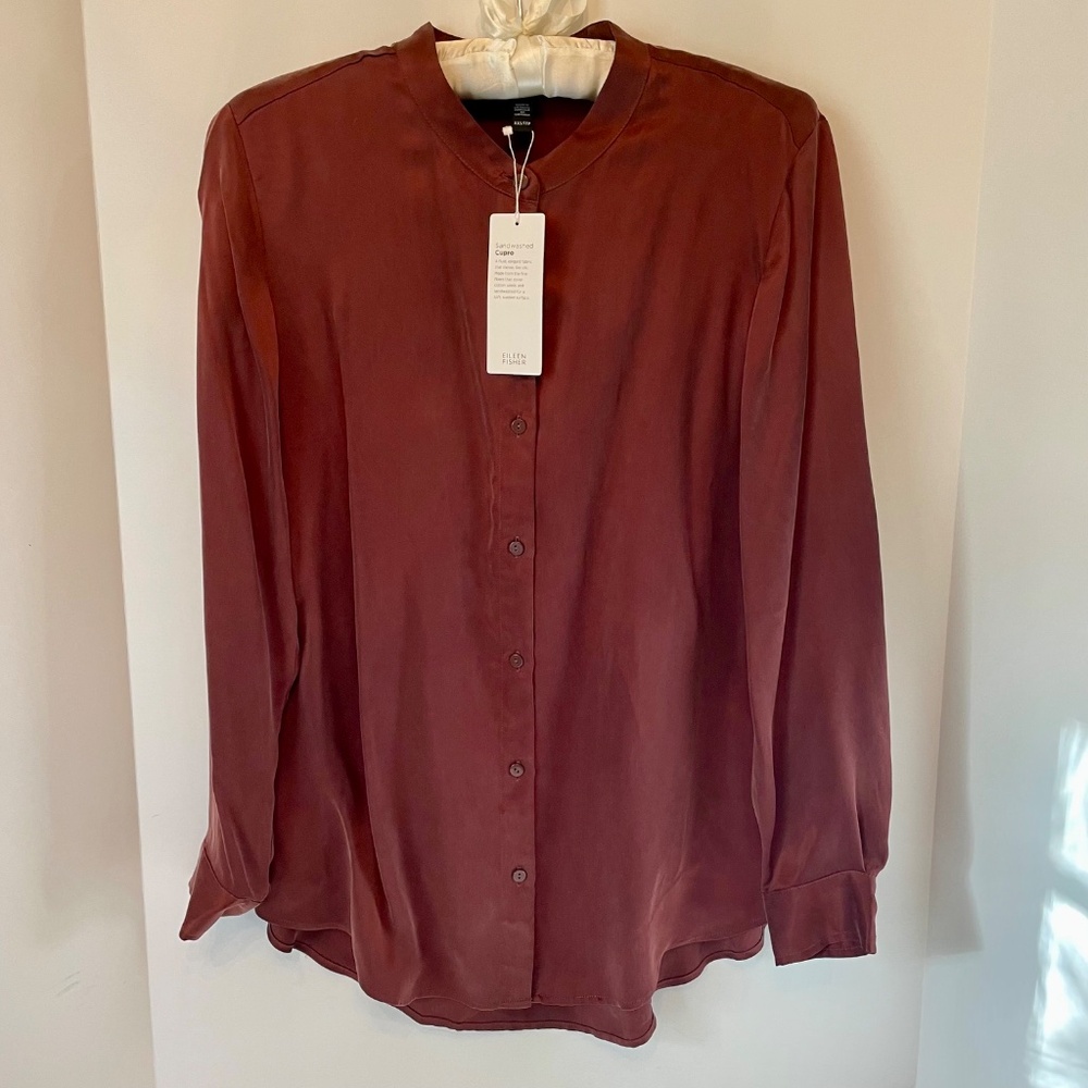 Eileen Fisher Mandarin Collar Sandwashed Cupro Shirt XXS NWT $198 Brownstone